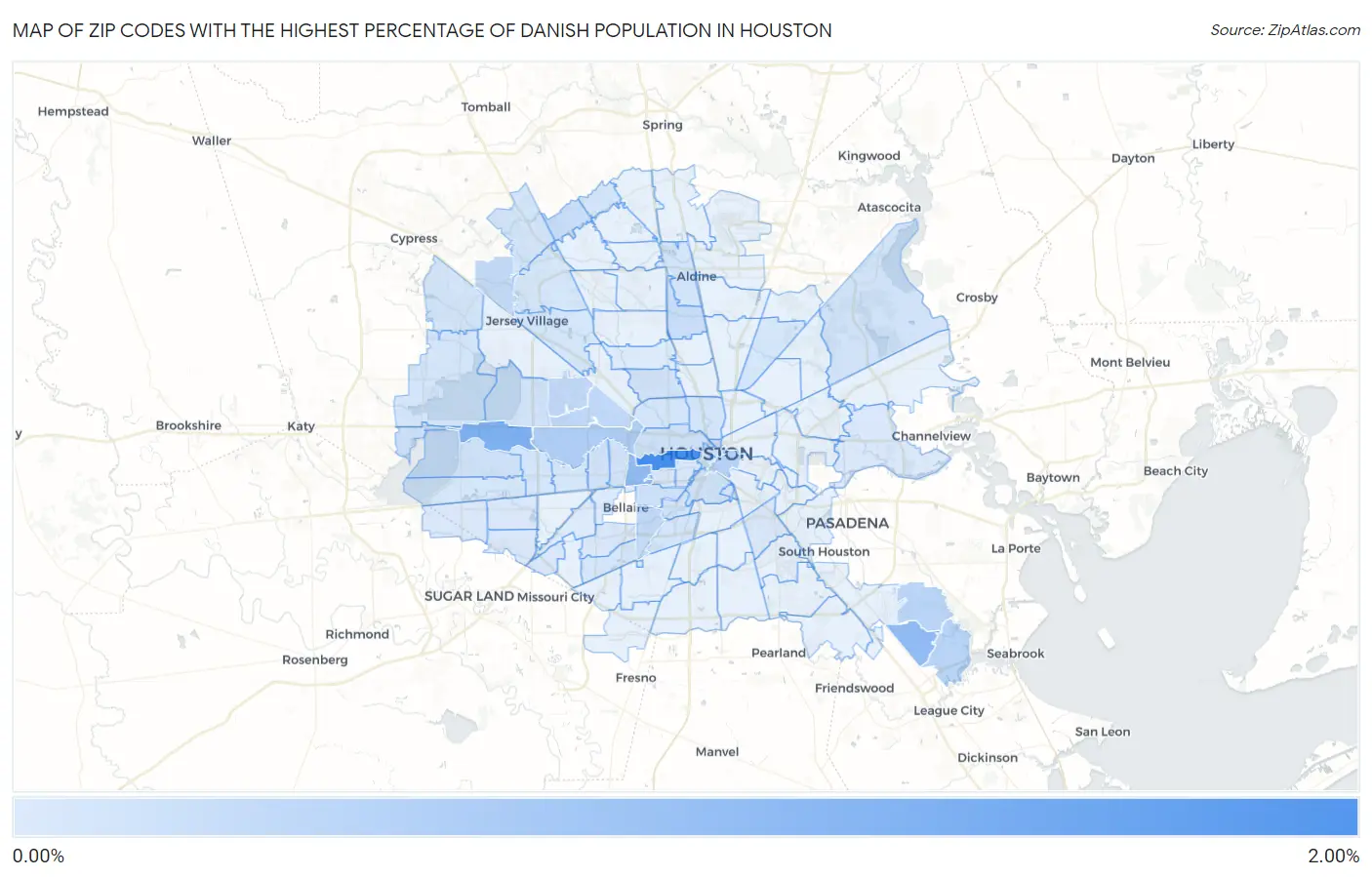 Zip Codes with the Highest Percentage of Danish Population in Houston Map