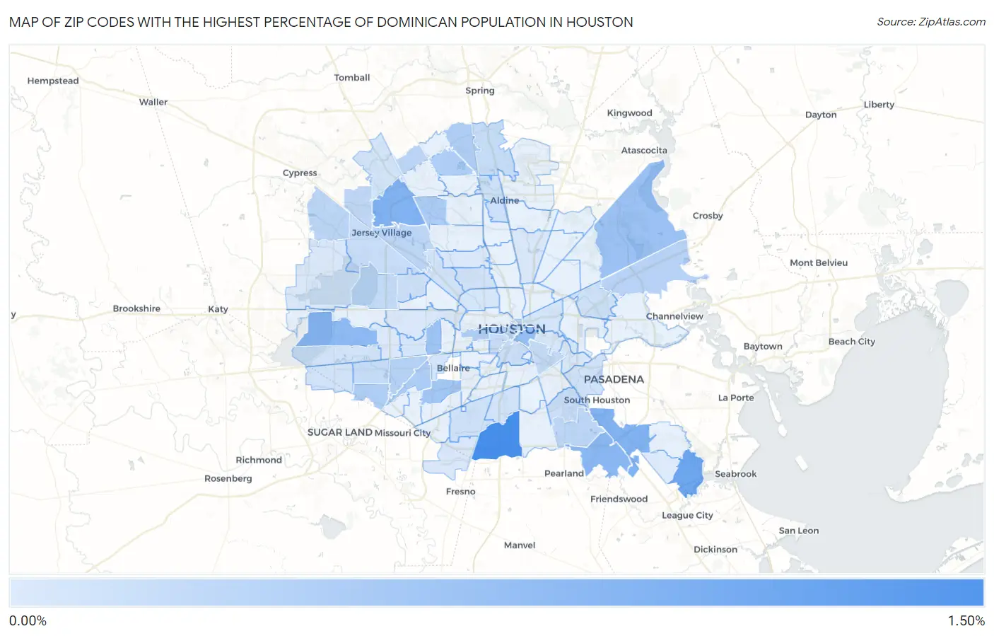 Zip Codes with the Highest Percentage of Dominican Population in Houston Map