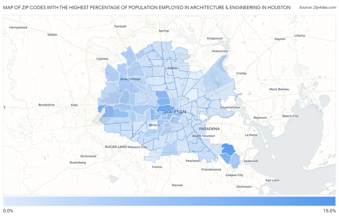 Zip Codes with the Highest Percentage of Population Employed in Architecture & Engineering in Houston Map