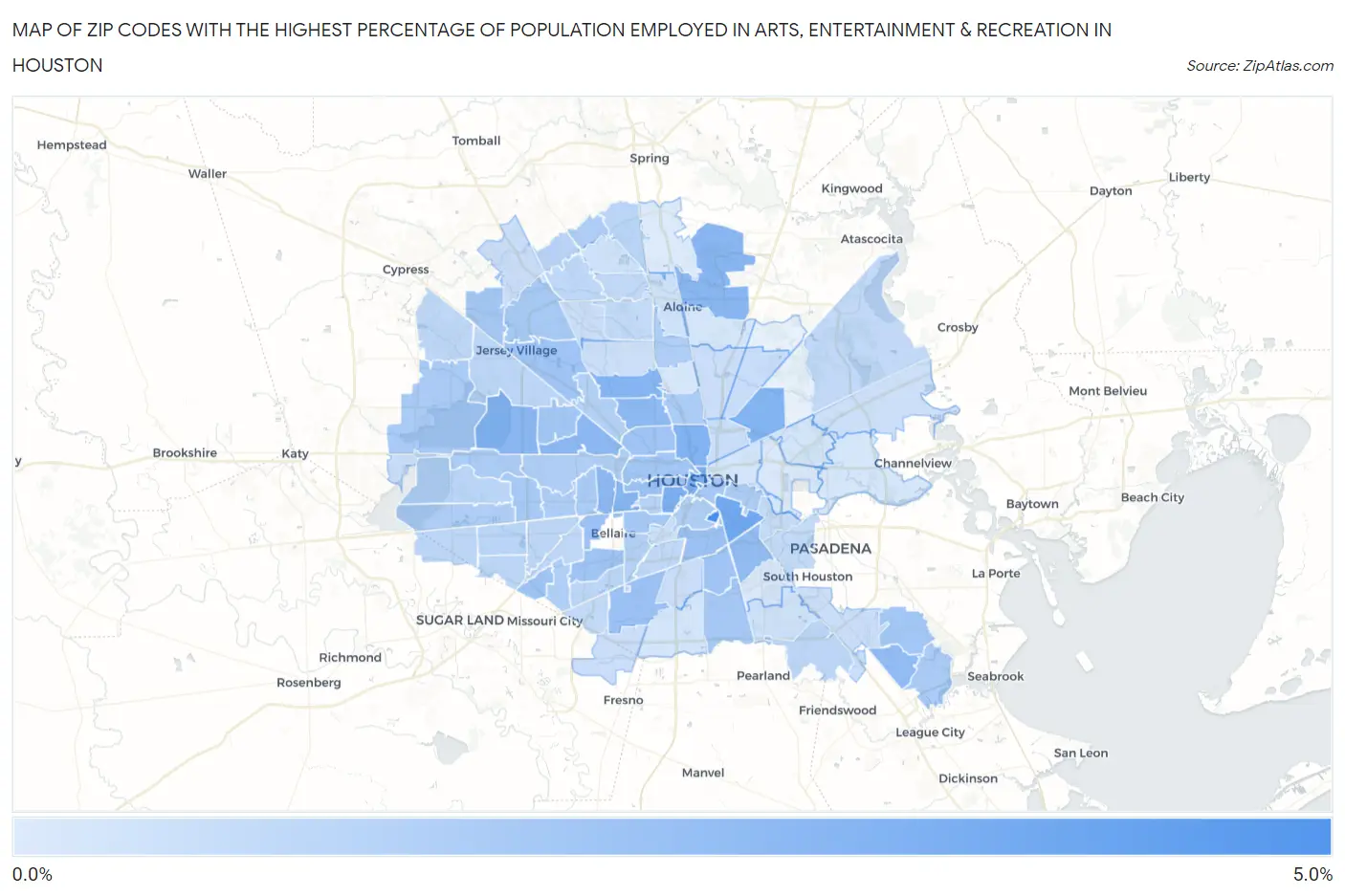 Zip Codes with the Highest Percentage of Population Employed in Arts, Entertainment & Recreation in Houston Map