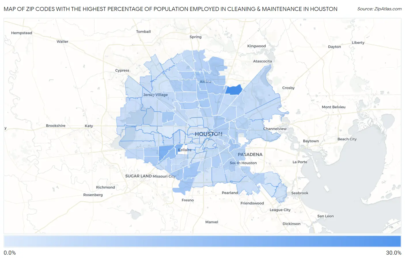 Zip Codes with the Highest Percentage of Population Employed in Cleaning & Maintenance in Houston Map