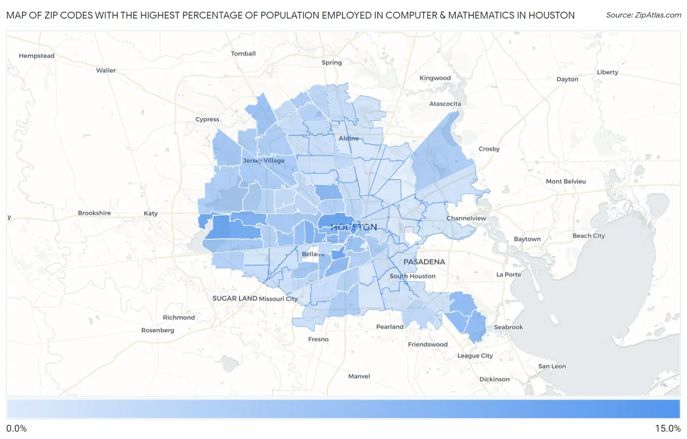 Zip Codes with the Highest Percentage of Population Employed in Computer & Mathematics in Houston Map