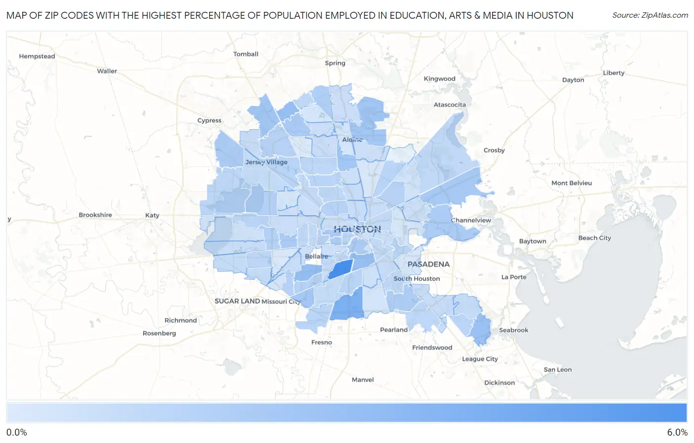 Zip Codes with the Highest Percentage of Population Employed in Education, Arts & Media in Houston Map