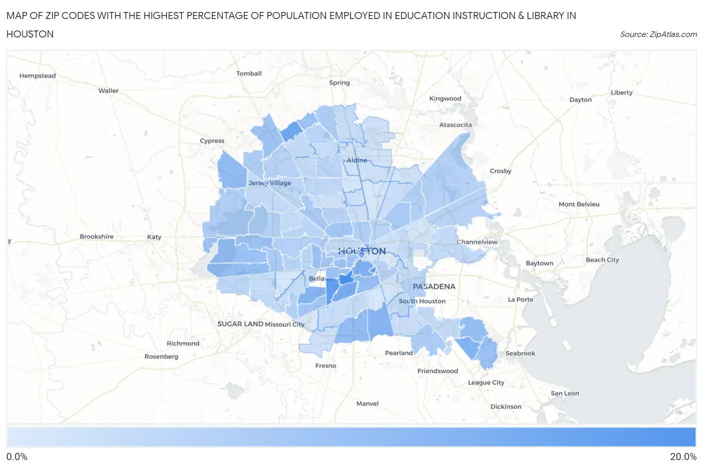 Zip Codes with the Highest Percentage of Population Employed in Education Instruction & Library in Houston Map