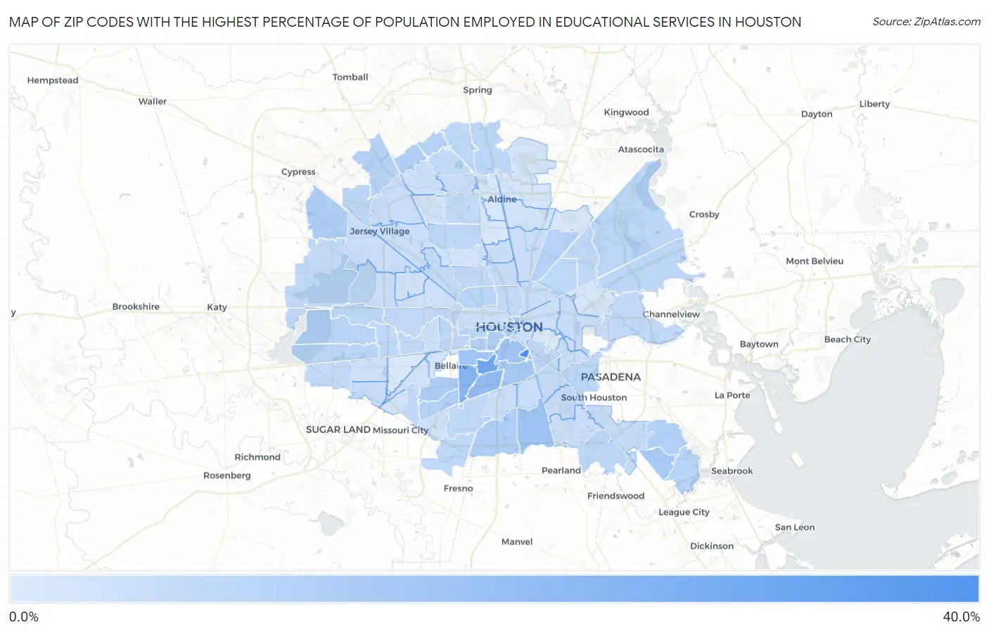 Zip Codes with the Highest Percentage of Population Employed in Educational Services in Houston Map