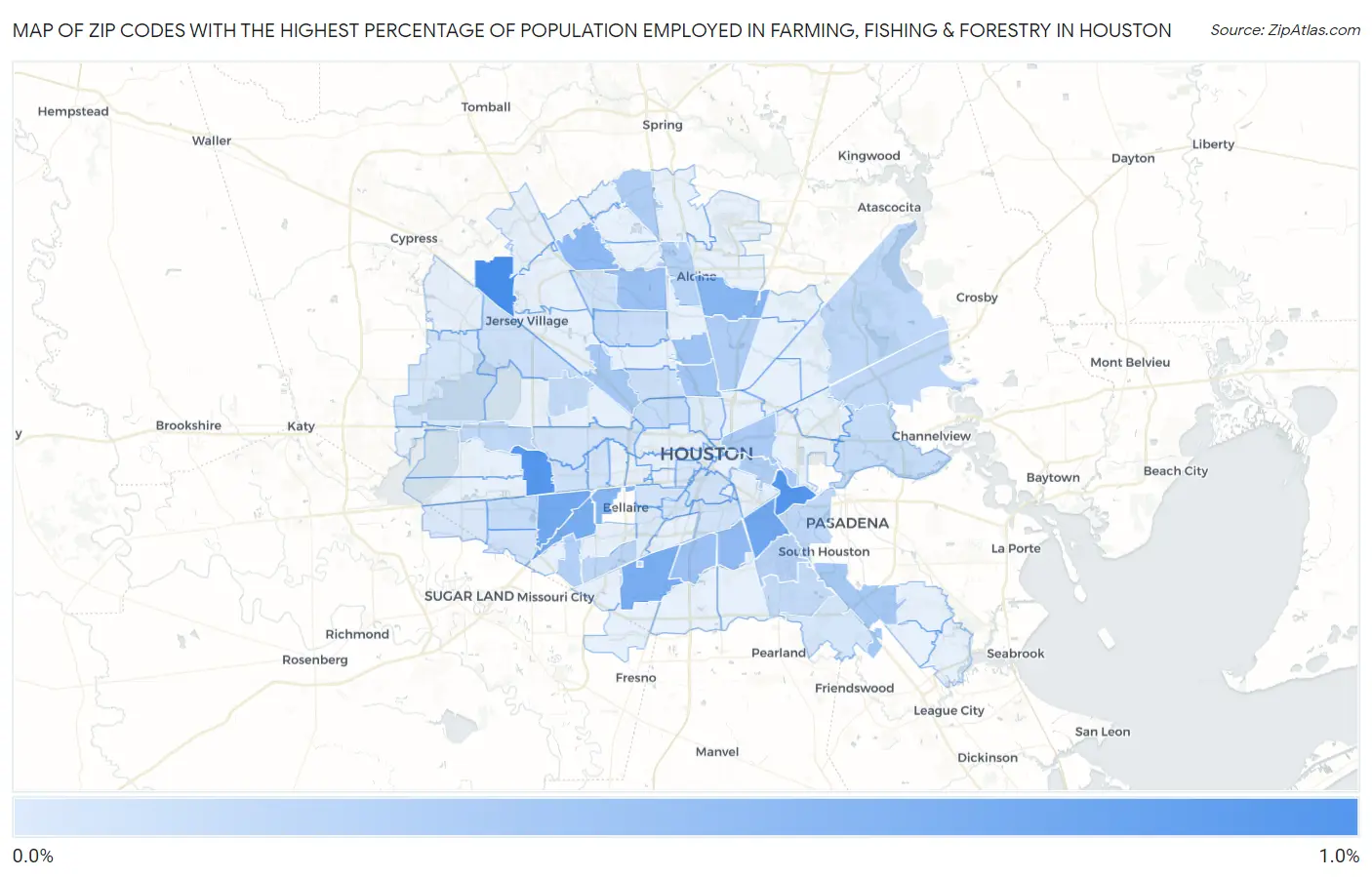 Zip Codes with the Highest Percentage of Population Employed in Farming, Fishing & Forestry in Houston Map