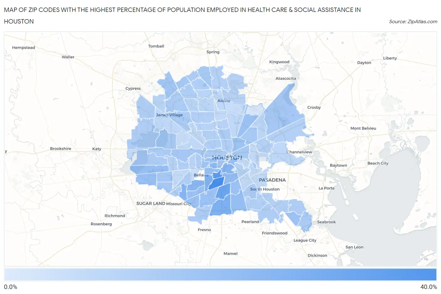 Zip Codes with the Highest Percentage of Population Employed in Health Care & Social Assistance in Houston Map