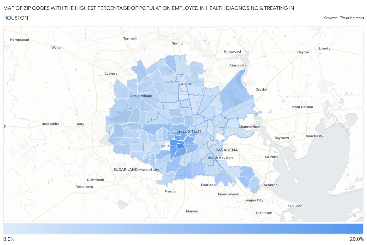 Zip Codes with the Highest Percentage of Population Employed in Health Diagnosing & Treating in Houston Map