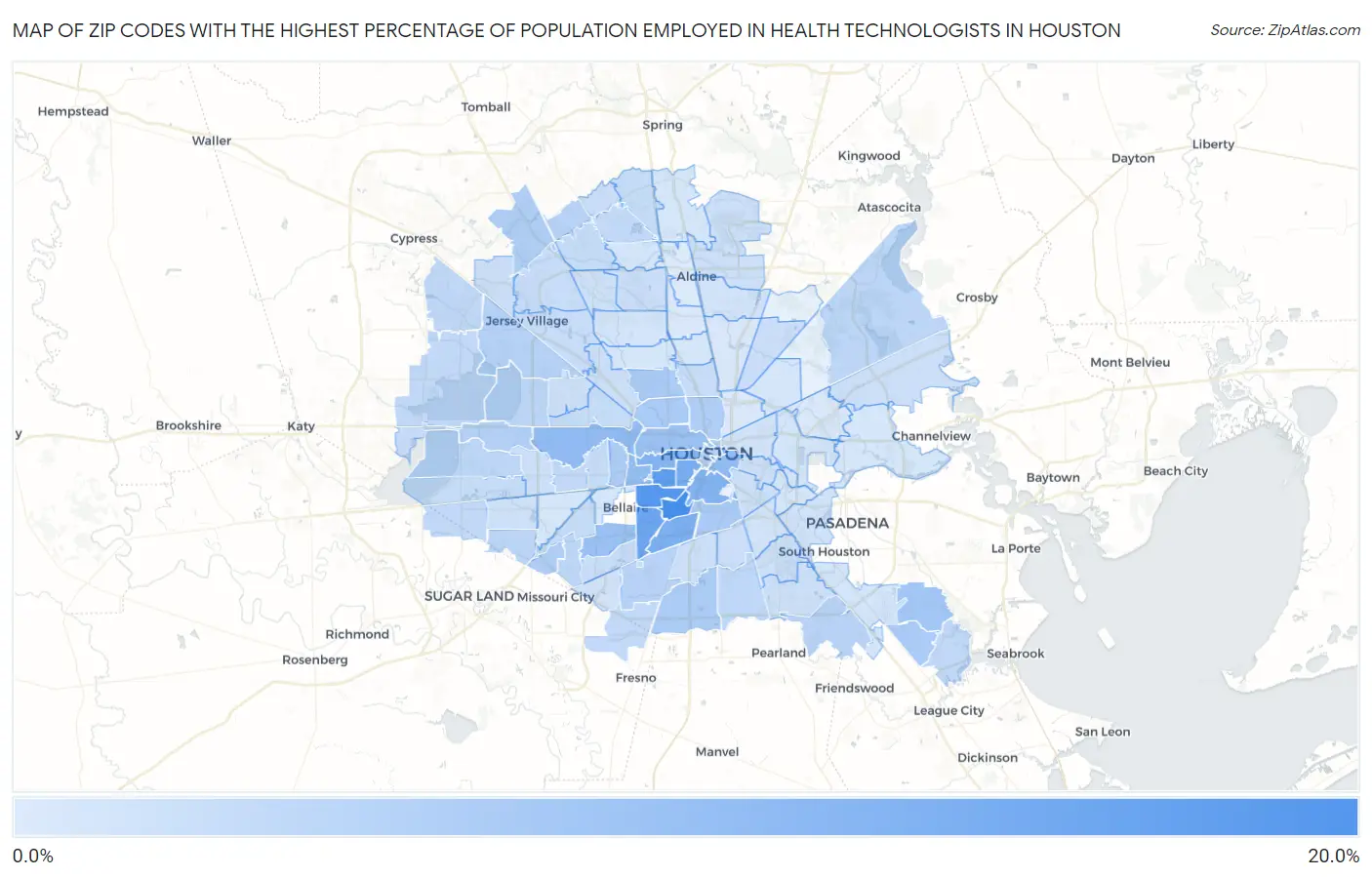 Zip Codes with the Highest Percentage of Population Employed in Health Technologists in Houston Map