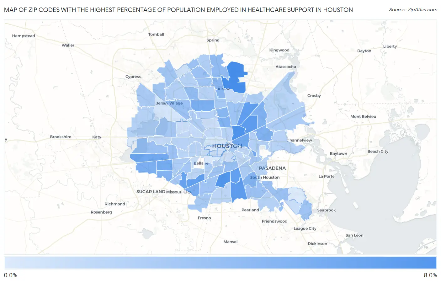 Zip Codes with the Highest Percentage of Population Employed in Healthcare Support in Houston Map