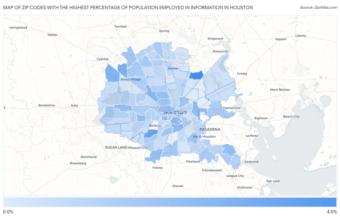 Zip Codes with the Highest Percentage of Population Employed in Information in Houston Map