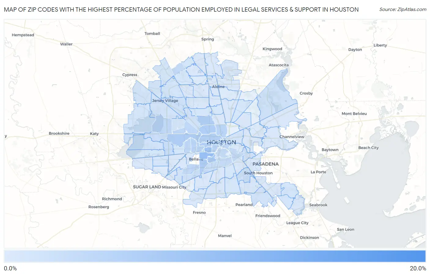 Zip Codes with the Highest Percentage of Population Employed in Legal Services & Support in Houston Map