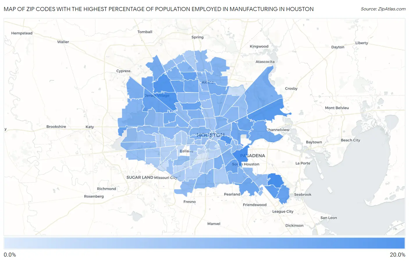 Zip Codes with the Highest Percentage of Population Employed in Manufacturing in Houston Map