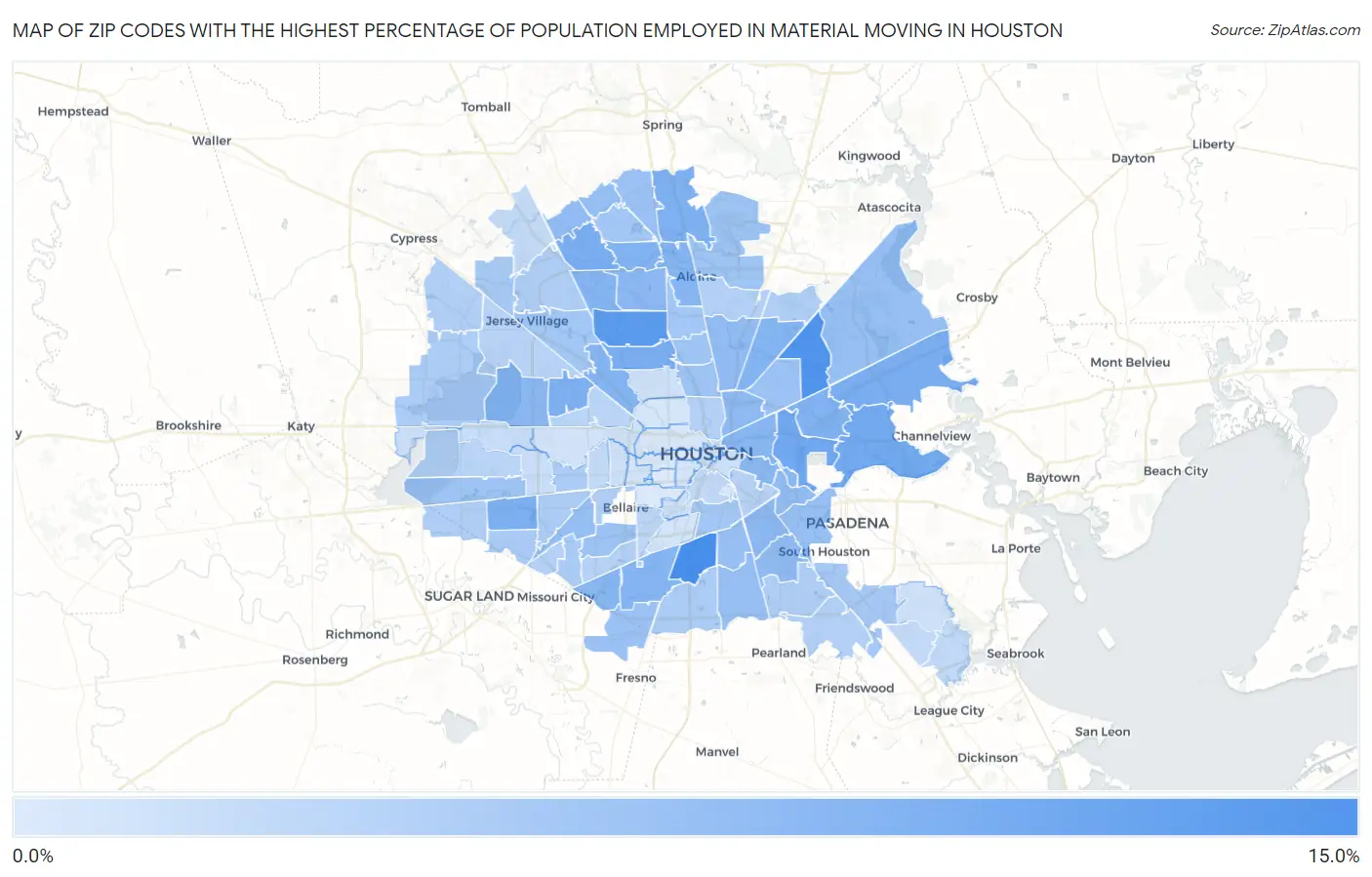 Zip Codes with the Highest Percentage of Population Employed in Material Moving in Houston Map