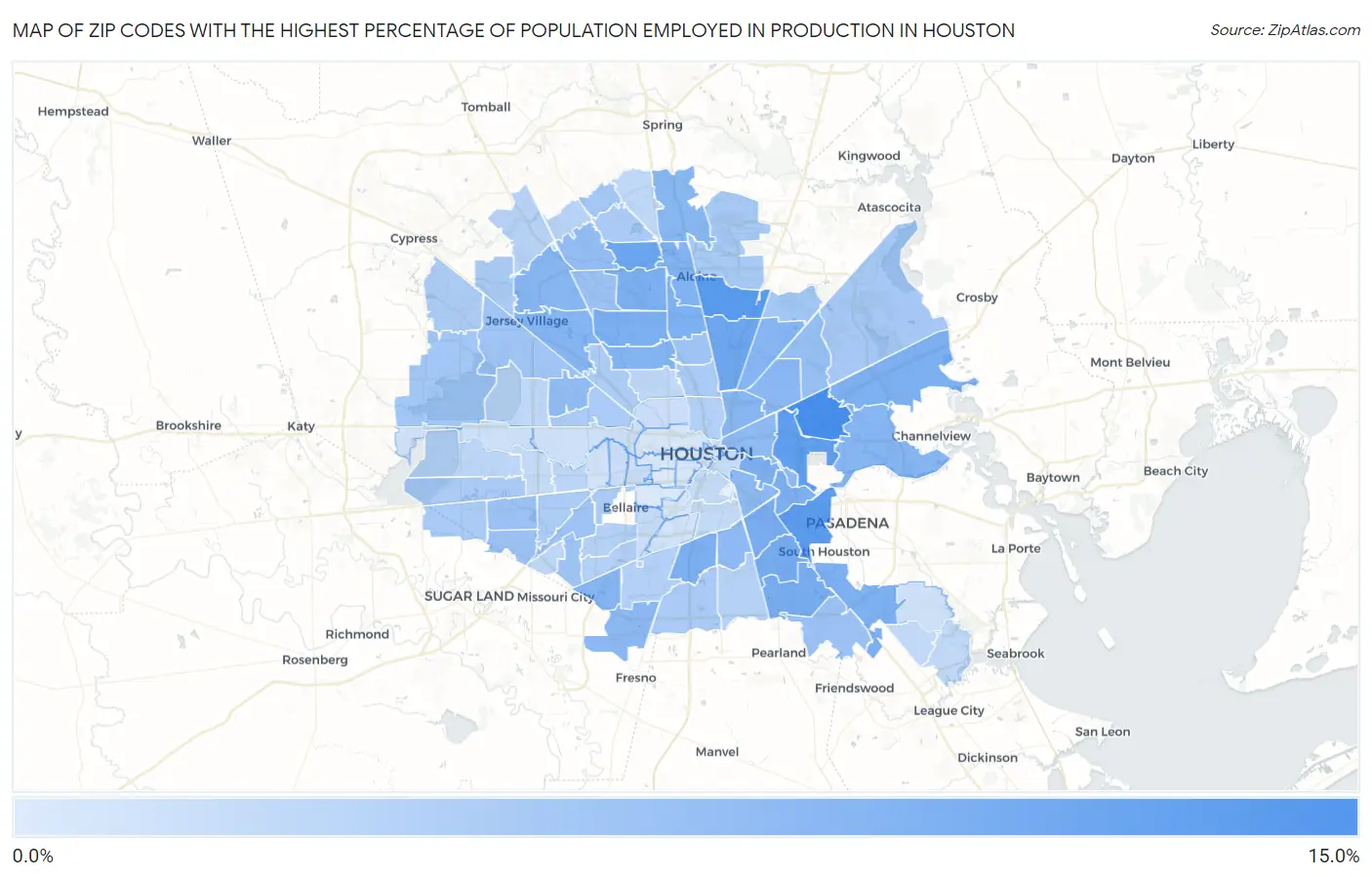 Zip Codes with the Highest Percentage of Population Employed in Production in Houston Map