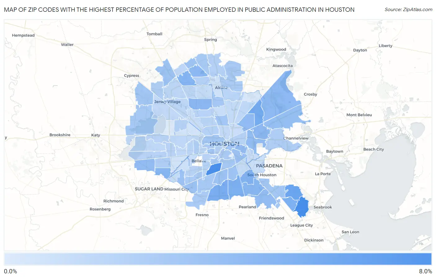 Zip Codes with the Highest Percentage of Population Employed in Public Administration in Houston Map