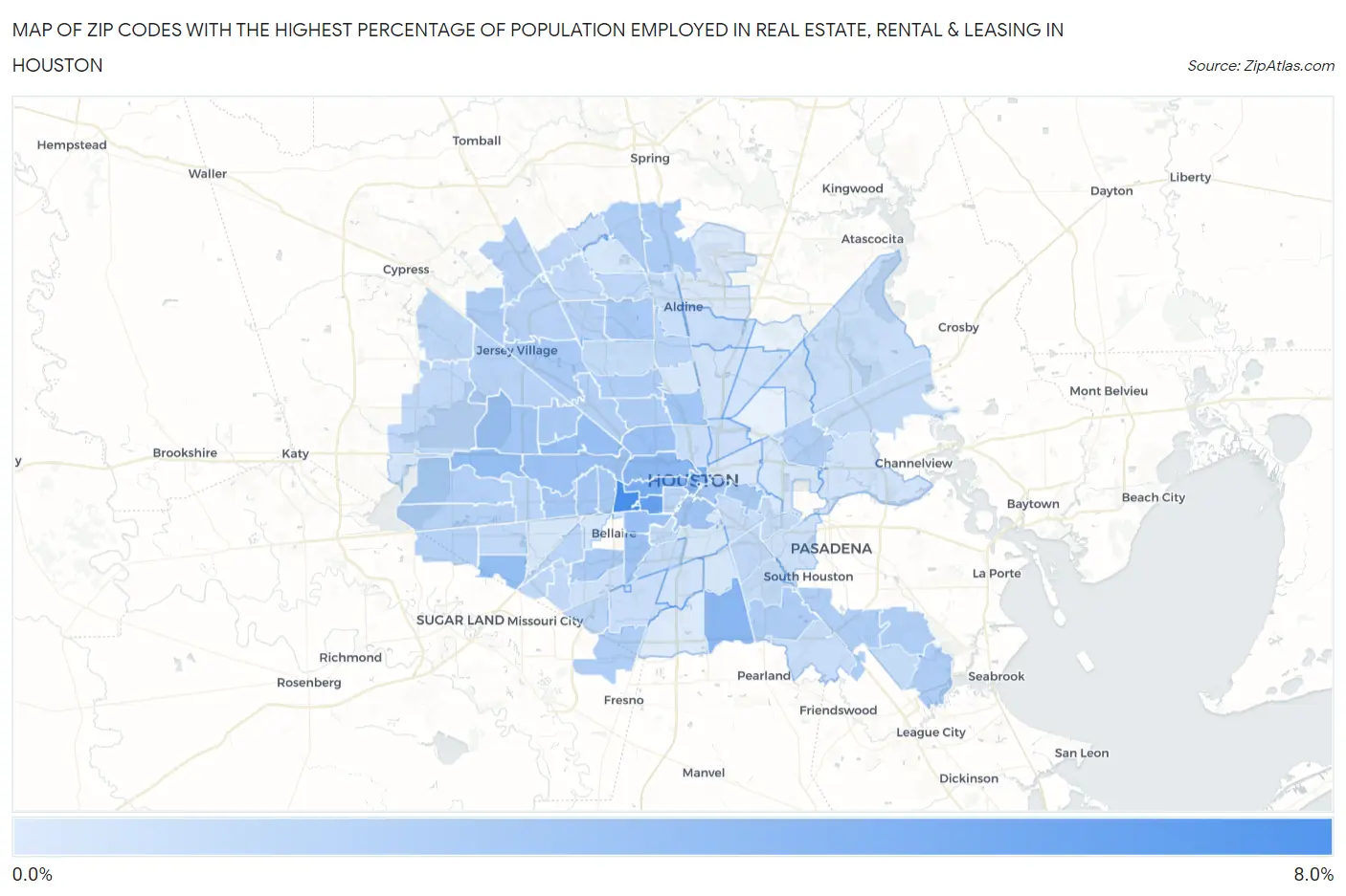 Zip Codes with the Highest Percentage of Population Employed in Real Estate, Rental & Leasing in Houston Map