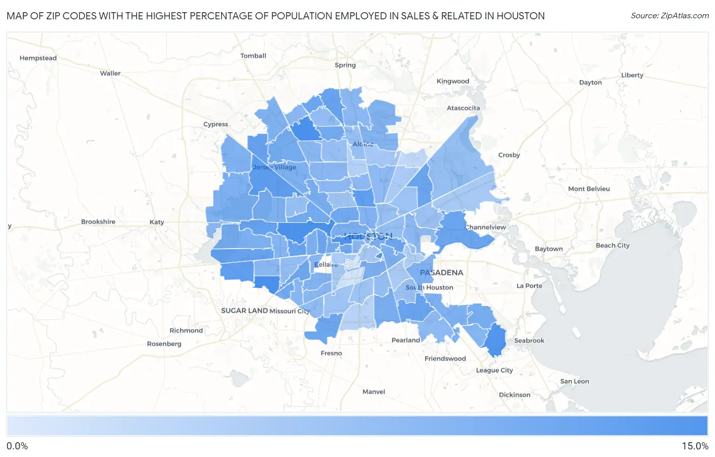 Zip Codes with the Highest Percentage of Population Employed in Sales & Related in Houston Map