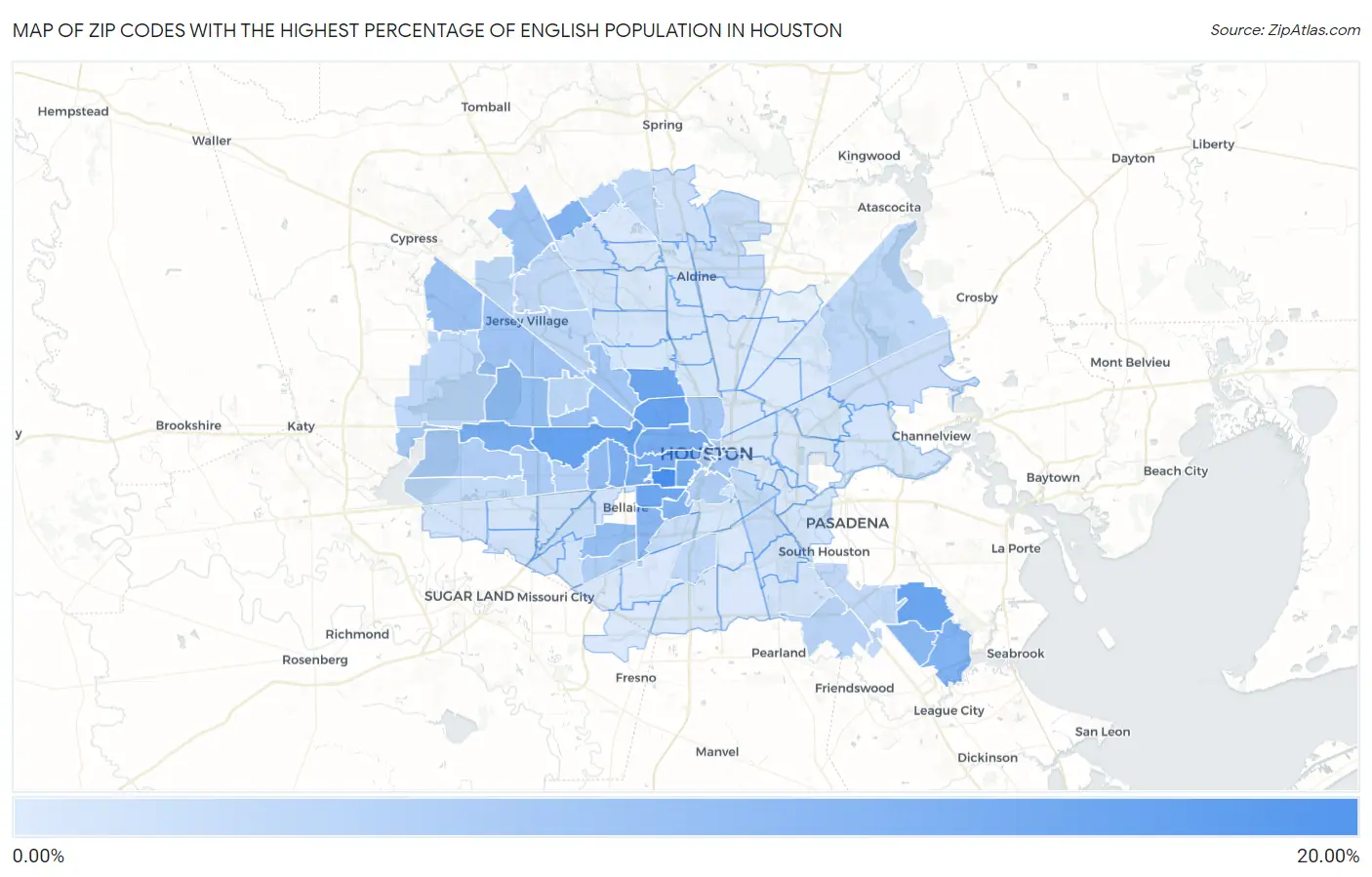 Zip Codes with the Highest Percentage of English Population in Houston Map