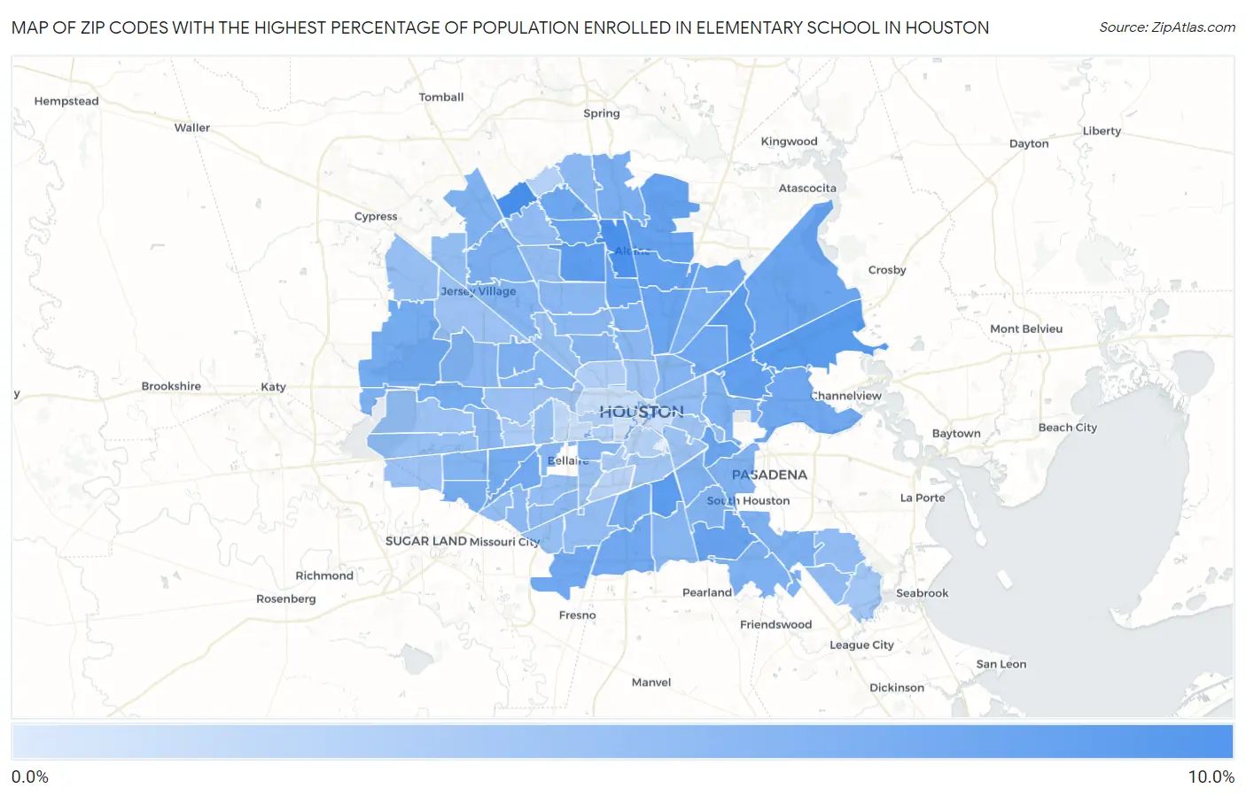 Zip Codes with the Highest Percentage of Population Enrolled in Elementary School in Houston Map