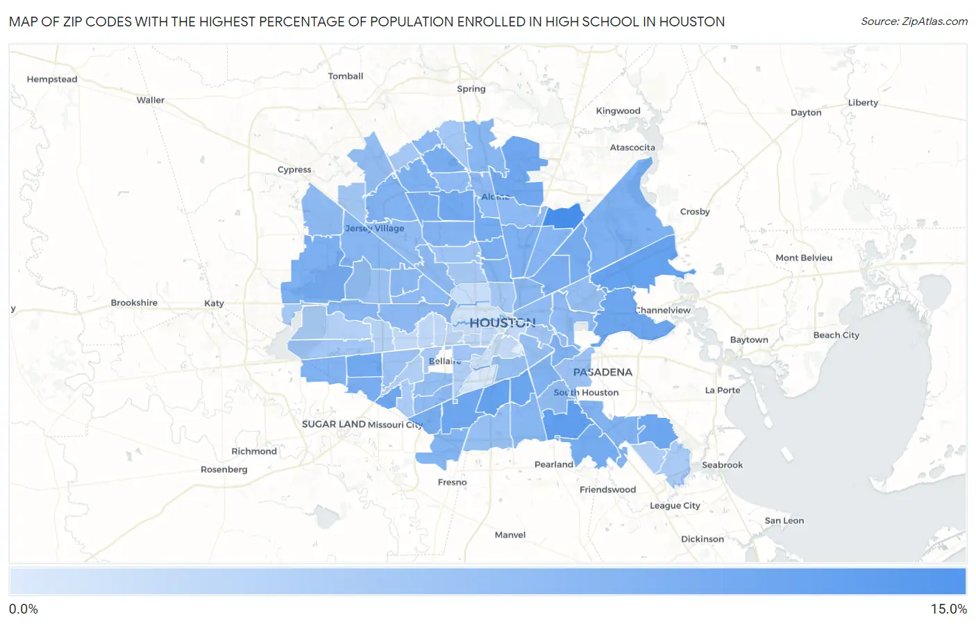 Zip Codes with the Highest Percentage of Population Enrolled in High School in Houston Map