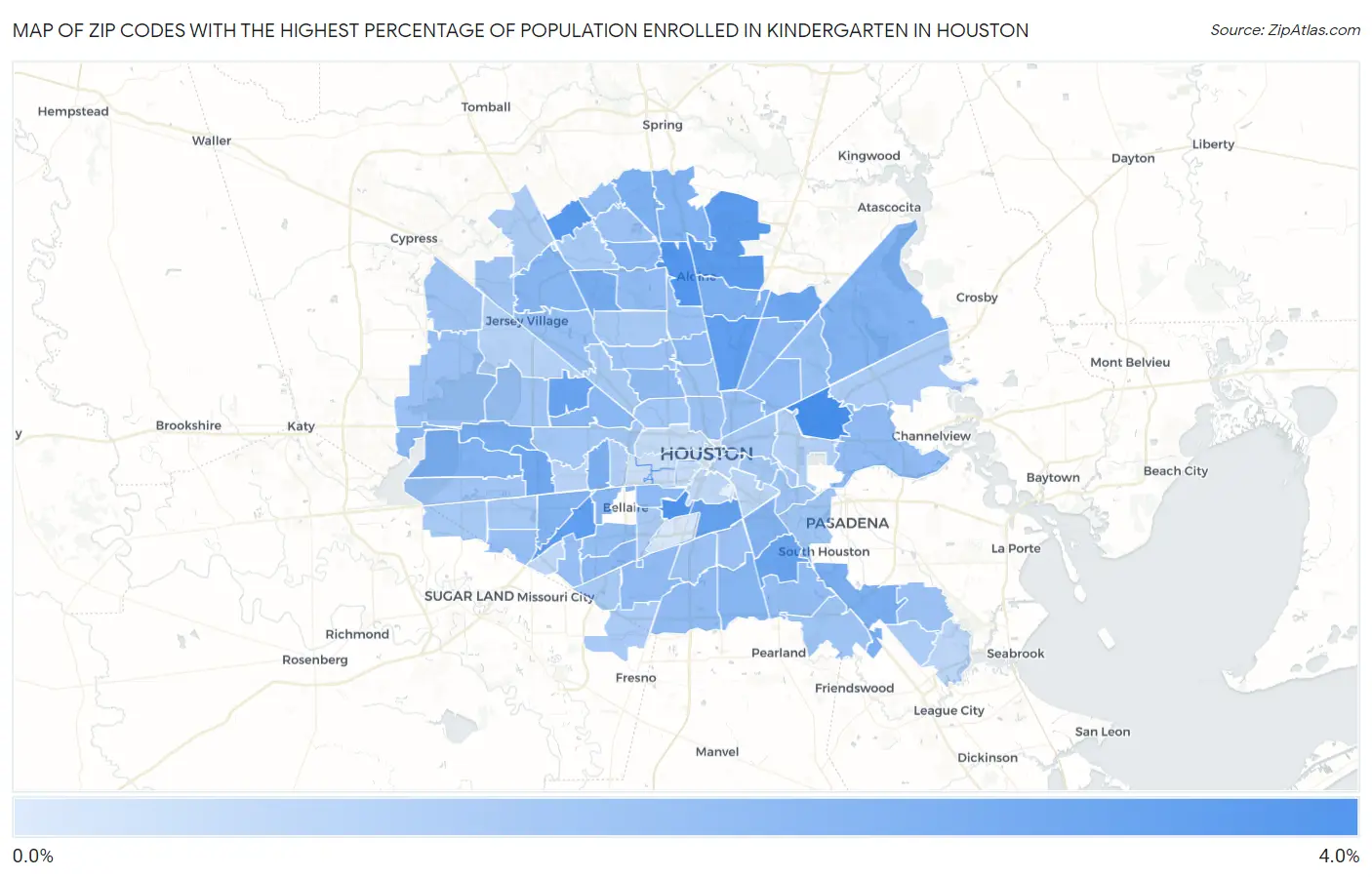 Zip Codes with the Highest Percentage of Population Enrolled in Kindergarten in Houston Map