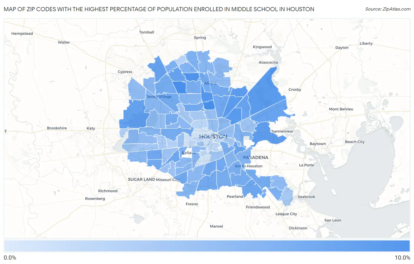Zip Codes with the Highest Percentage of Population Enrolled in Middle School in Houston Map