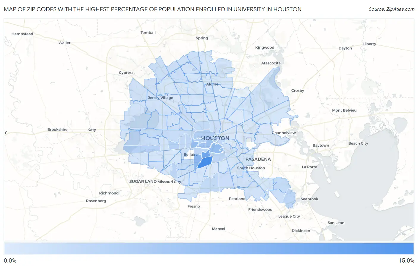 Zip Codes with the Highest Percentage of Population Enrolled in University in Houston Map