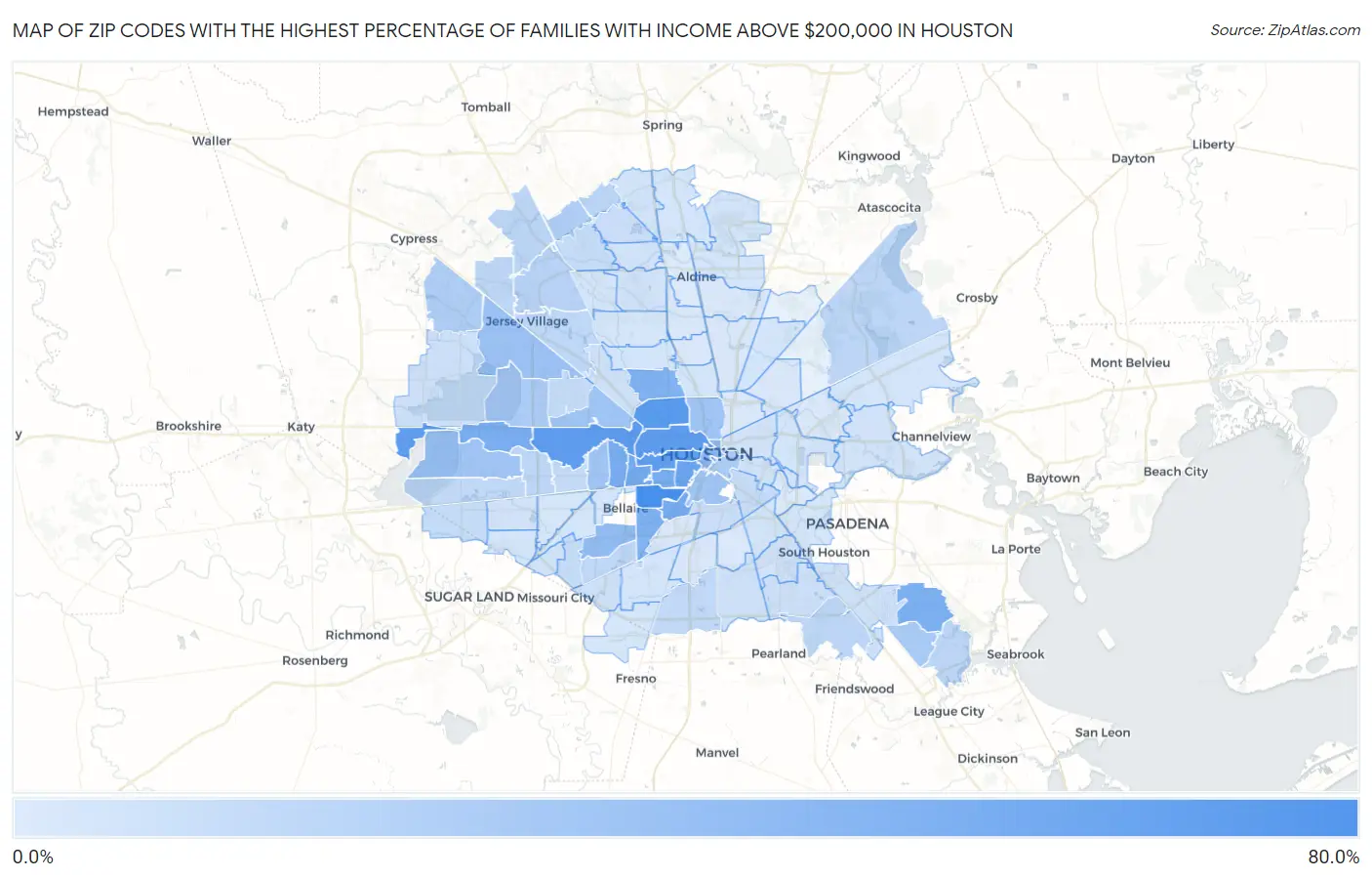 Zip Codes with the Highest Percentage of Families with Income Above $200,000 in Houston Map