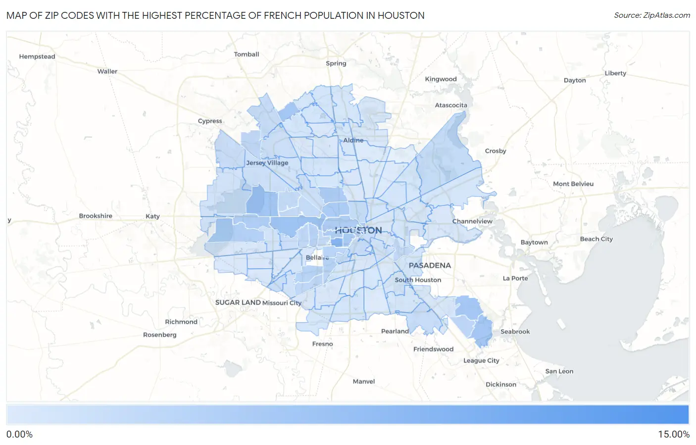 Zip Codes with the Highest Percentage of French Population in Houston Map