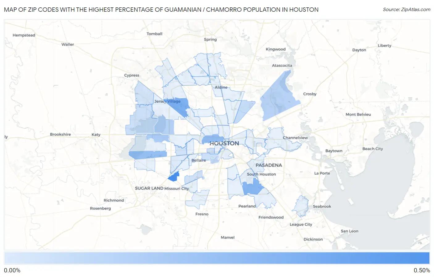 Zip Codes with the Highest Percentage of Guamanian / Chamorro Population in Houston Map