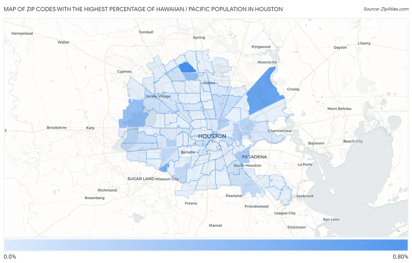 Zip Codes with the Highest Percentage of Hawaiian / Pacific Population in Houston Map