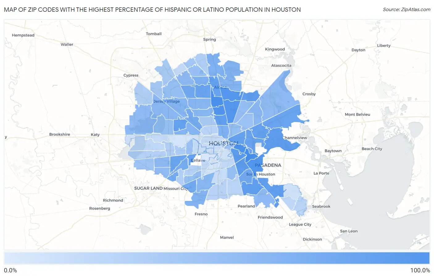 Zip Codes with the Highest Percentage of Hispanic or Latino Population in Houston Map
