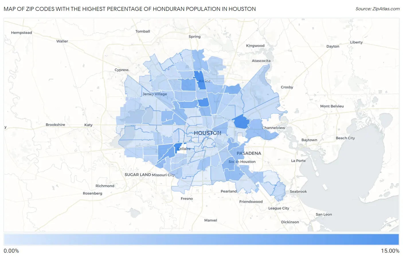 Zip Codes with the Highest Percentage of Honduran Population in Houston Map