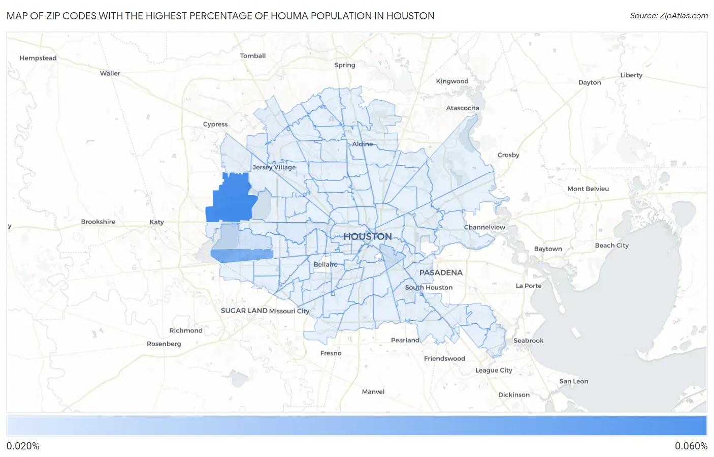 Zip Codes with the Highest Percentage of Houma Population in Houston Map