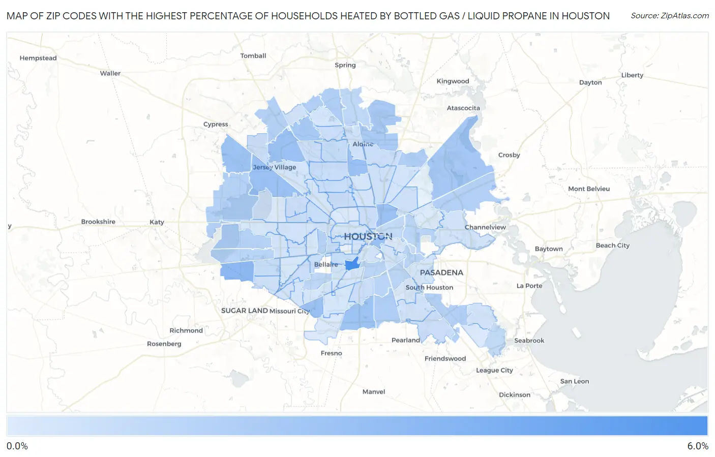Zip Codes with the Highest Percentage of Households Heated by Bottled Gas / Liquid Propane in Houston Map