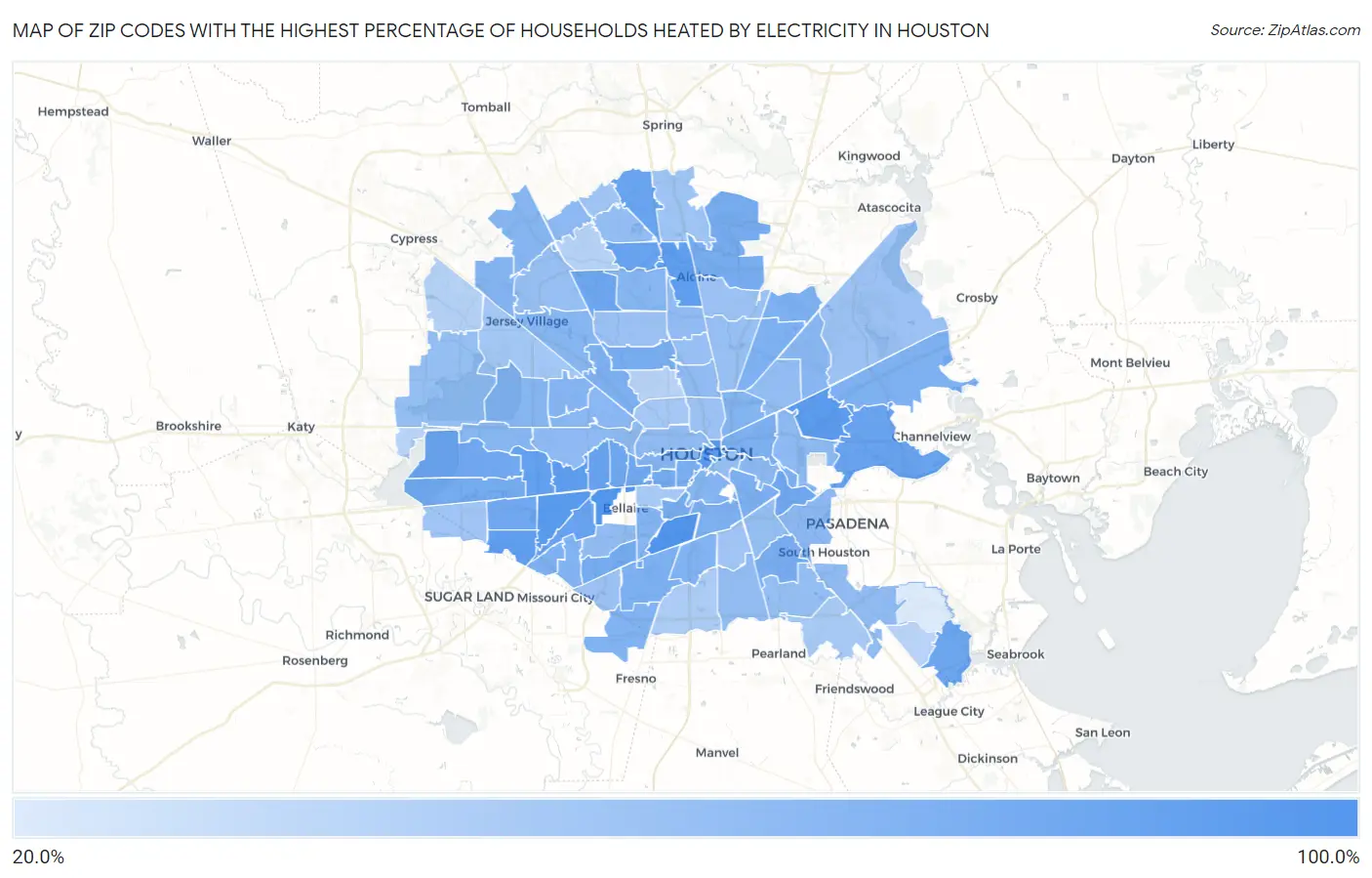 Zip Codes with the Highest Percentage of Households Heated by Electricity in Houston Map
