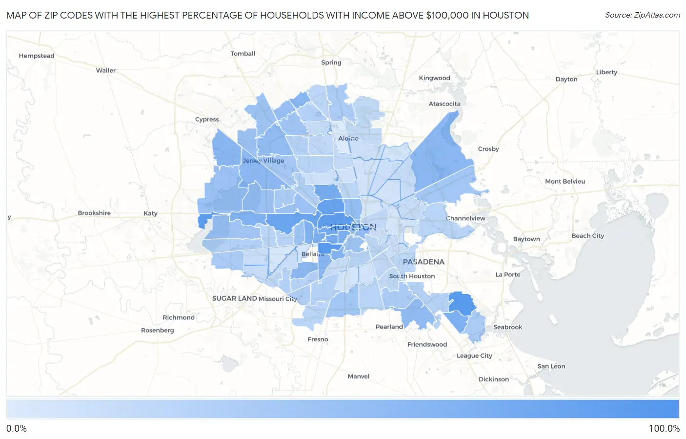 Zip Codes with the Highest Percentage of Households with Income Above $100,000 in Houston Map