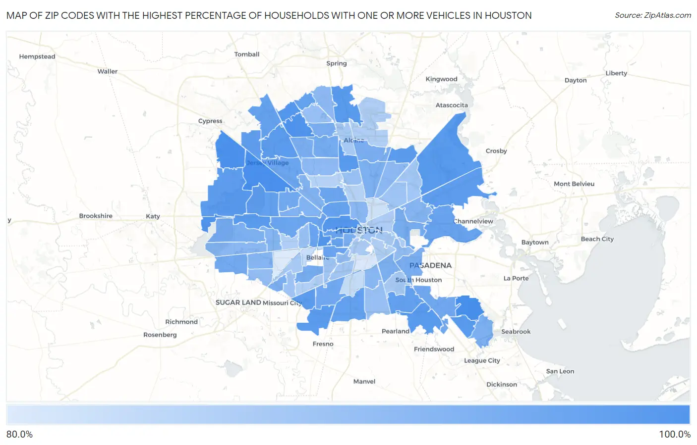 Zip Codes with the Highest Percentage of Households With One or more Vehicles in Houston Map
