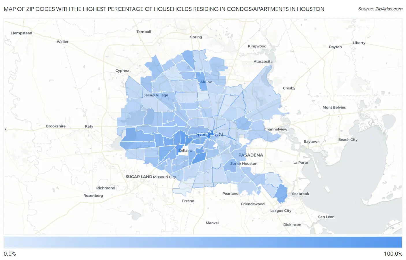 Zip Codes with the Highest Percentage of Households Residing in Condos/Apartments in Houston Map