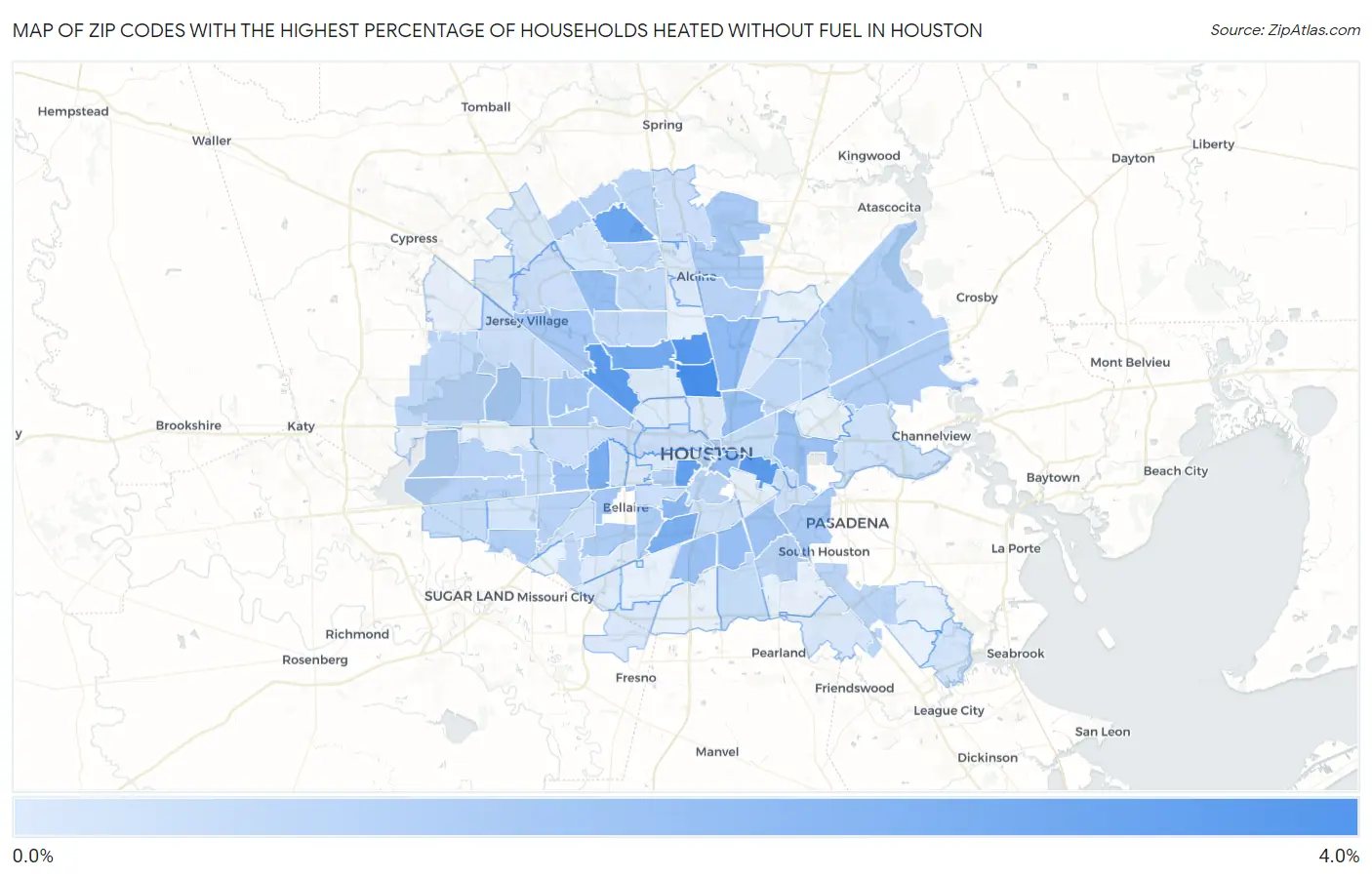 Zip Codes with the Highest Percentage of Households Heated without Fuel in Houston Map