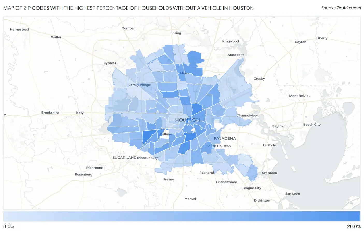 Zip Codes with the Highest Percentage of Households Without a Vehicle in Houston Map