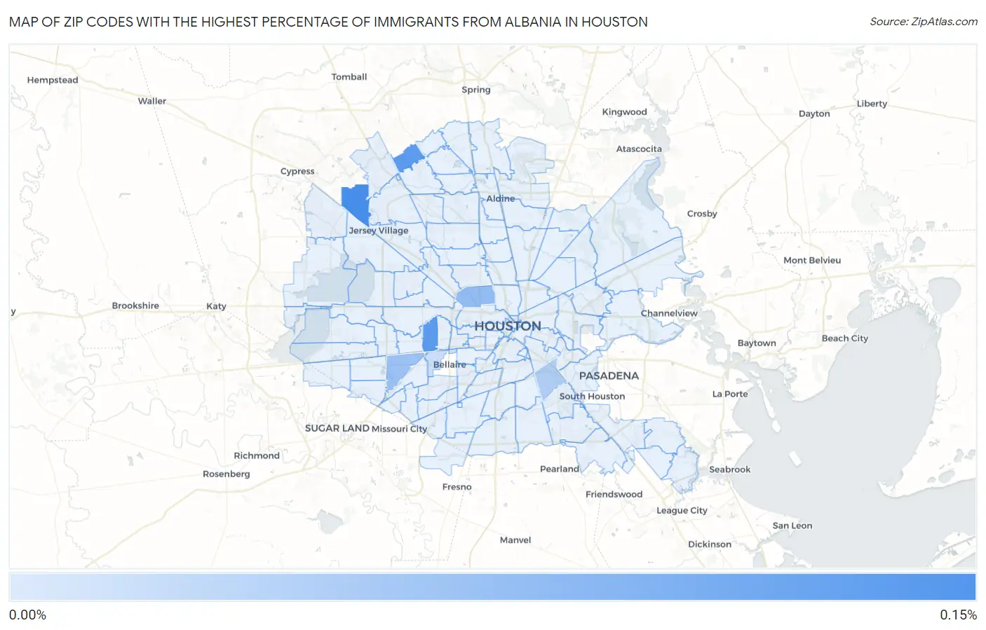 Zip Codes with the Highest Percentage of Immigrants from Albania in Houston Map