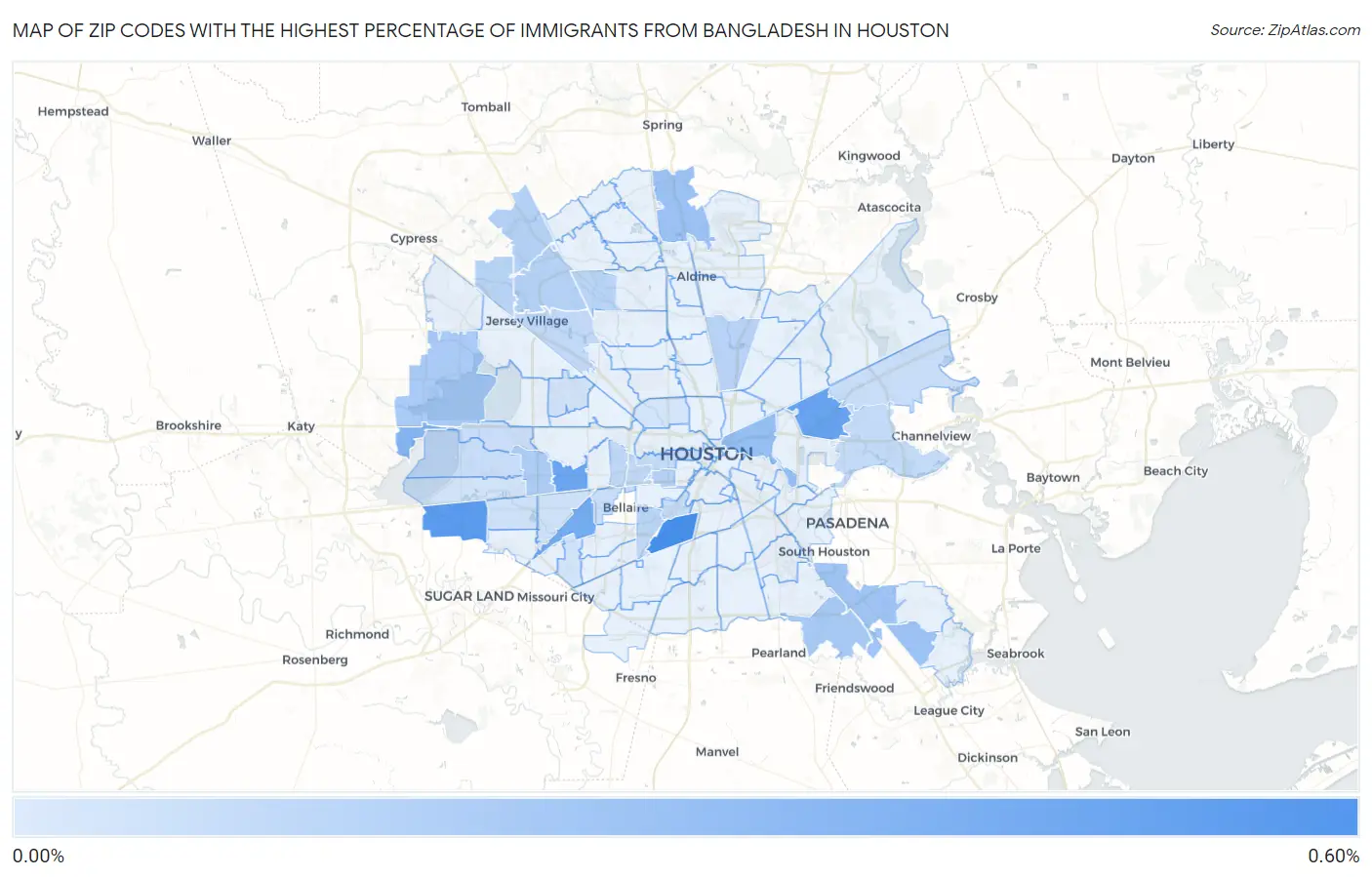 Zip Codes with the Highest Percentage of Immigrants from Bangladesh in Houston Map