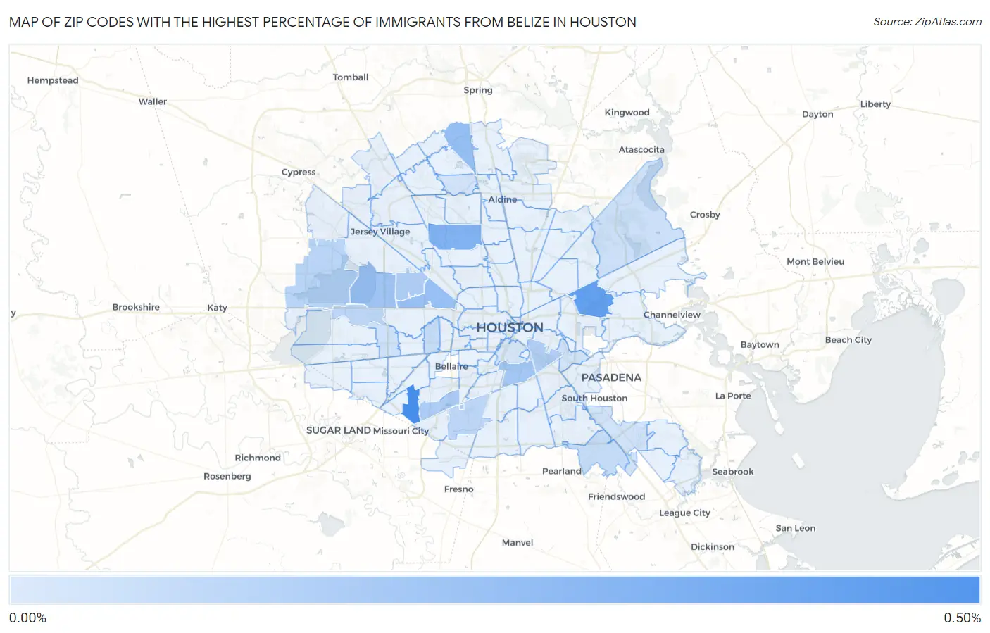 Zip Codes with the Highest Percentage of Immigrants from Belize in Houston Map