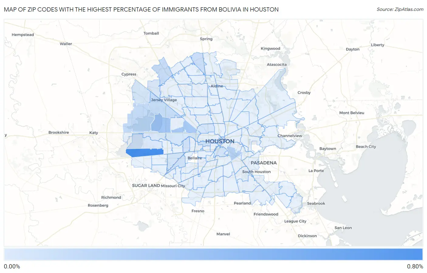 Zip Codes with the Highest Percentage of Immigrants from Bolivia in Houston Map