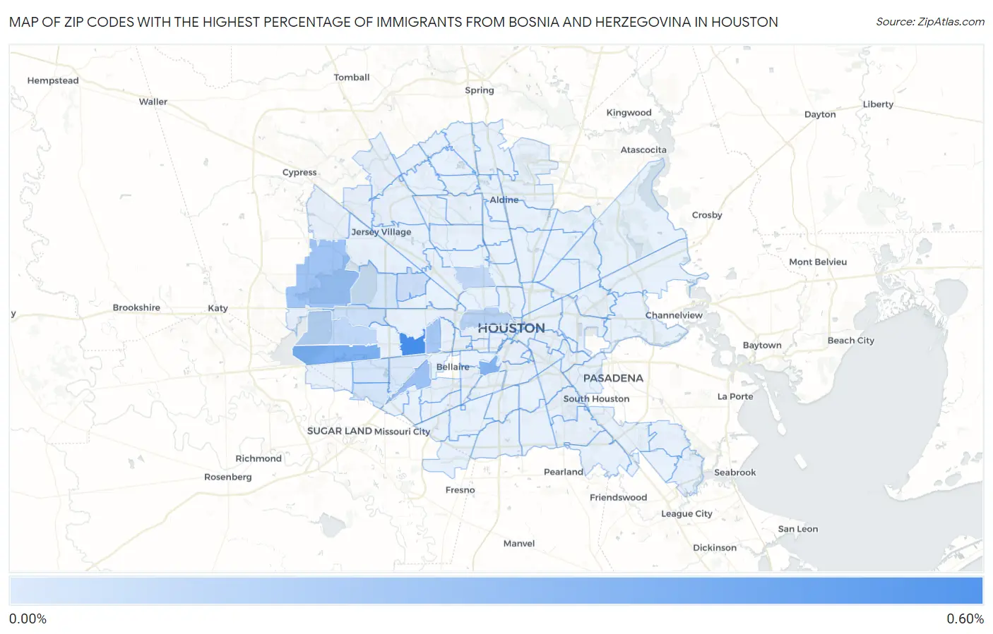 Zip Codes with the Highest Percentage of Immigrants from Bosnia and Herzegovina in Houston Map