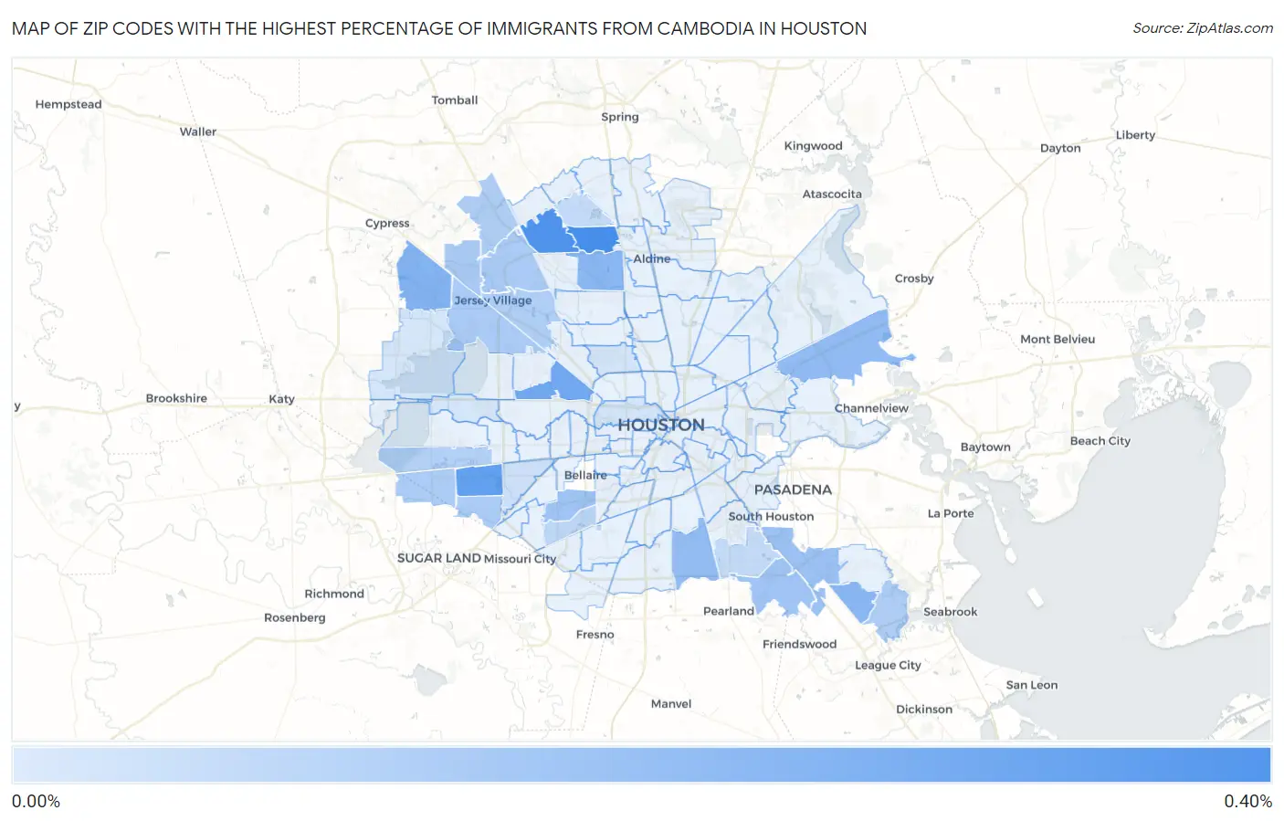 Zip Codes with the Highest Percentage of Immigrants from Cambodia in Houston Map