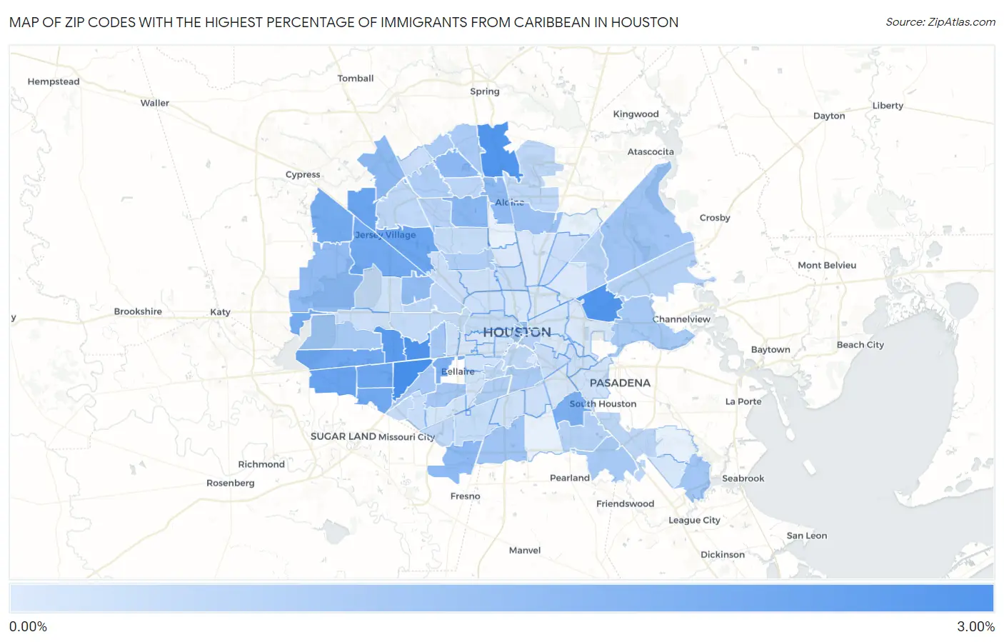 Zip Codes with the Highest Percentage of Immigrants from Caribbean in Houston Map