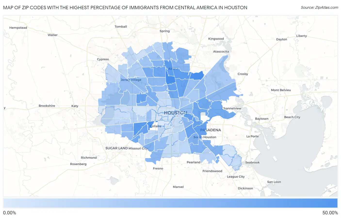 Zip Codes with the Highest Percentage of Immigrants from Central America in Houston Map